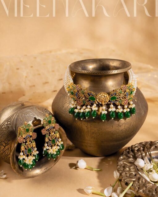 Elegance that speaks without words ✨
Our Royal Meenakari Set is a perfect blend of tradition and grace, featuring emerald green accents and delicate pearls that bring a timeless charm to your look. Styled on antique textures, every detail reflects luxury, culture, and femininity in the most subtle way.

For the moments that deserve something truly special 💚 
Whether it’s a wedding, festive gathering, or a statement look this set adds that royal touch you’ve been looking for. Because your style should feel as beautiful as you are.

#bridaljewellery #desijewellery #pakistanifashion #handcraftedjewelry #weddinglook